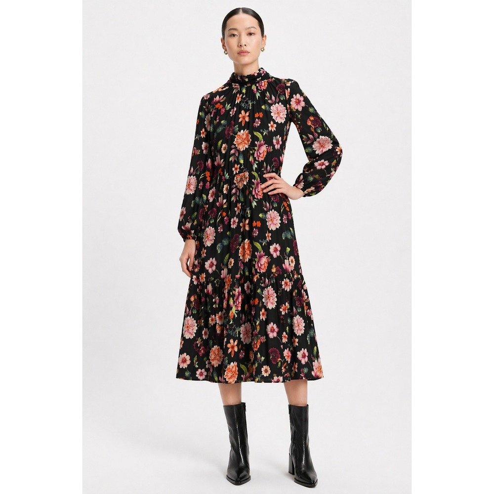 Studio Park Floral Tie Neck Long Sleeve Tiered Midi Dress Black Size S NWOT